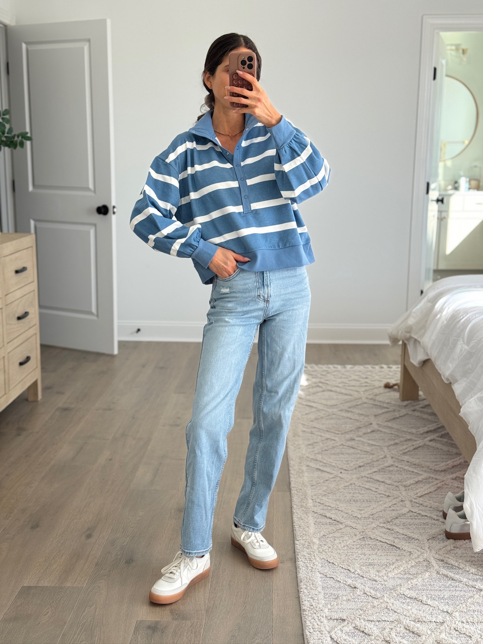 Casual everyday outfit with a striped pullover and classic straight leg jeans. Relaxed, comfortable fit that’s easy to wear for school drop off, errands, casual weekends, or travel days. Effortless mix of cozy and classic staples. Striped pullover, casual jeans outfit, everyday mom outfit, relaxed fit denim, casual fall outfit, easy everyday style, neutral casual wear, comfortable daily outfit.

#LTKSeasonal #LTKFindsUnder50 #LTKootd