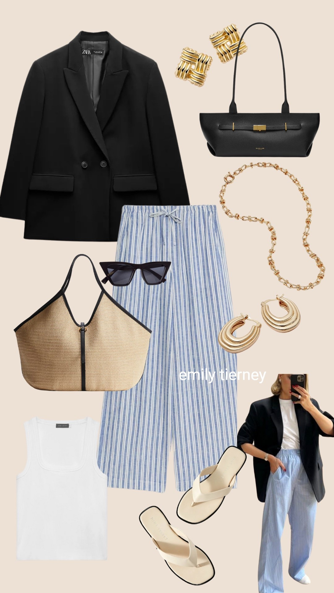 Striped trousers 
Basket bag
Gold earrings 
Black blazer 
Vest 

#LTKspring #LTKuk #LTKeurope