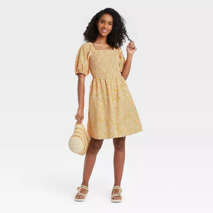 Women's Floral Print Puff Elbow Sleeve Smocked Dress - Universal Thread™ Yellow | Target