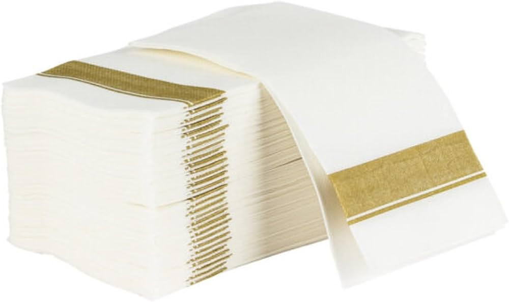 Rectangle Cloth-Like White Napkins with Gold Border, 50 Pack Fancy Paper Napkins, 22" x 22" Dispo... | Amazon (US)