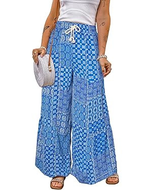 Happy Sailed Womens Boho Print Palazzo Pants Elastic High Waist Drawstring Wide Leg Hippie Flowy ... | Amazon (US)