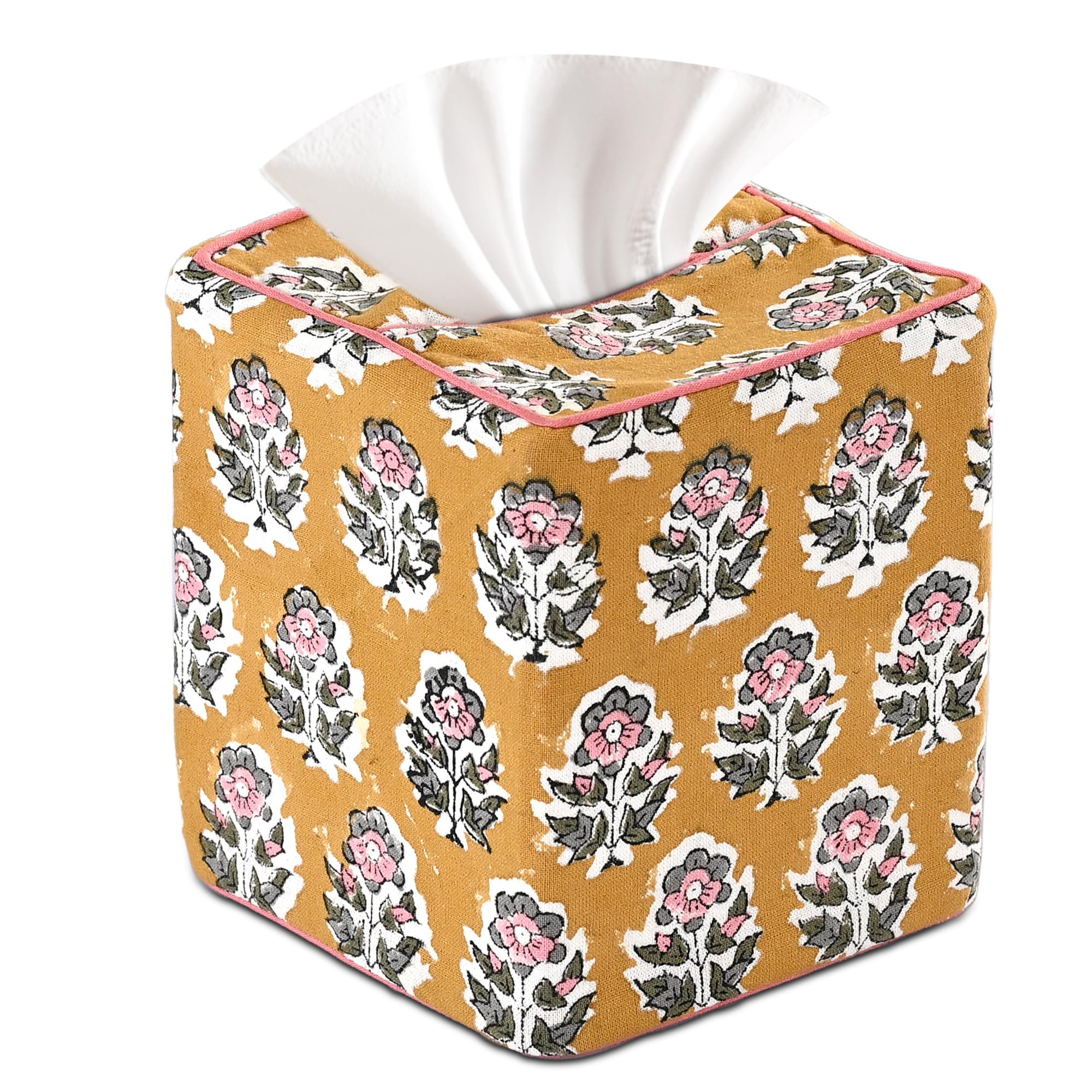 CPC Yellow Citrine Hand Block Printed Cotton Tissue Box Cover 5" x 5" x 5.5" Square Soft Reusable Boho Napkin Holder for Home Kitchen Dining Bathroom Office Cafe Spa, Gift for Spring, Mother's Day | Amazon (US)