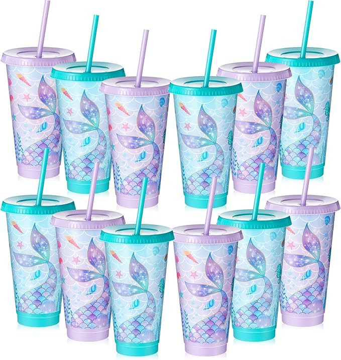 Uiifan 12 Pcs Mermaid Party Cups with Lid and Straw 24oz Mermaid Birthday Decorations Tail Shell ... | Amazon (US)