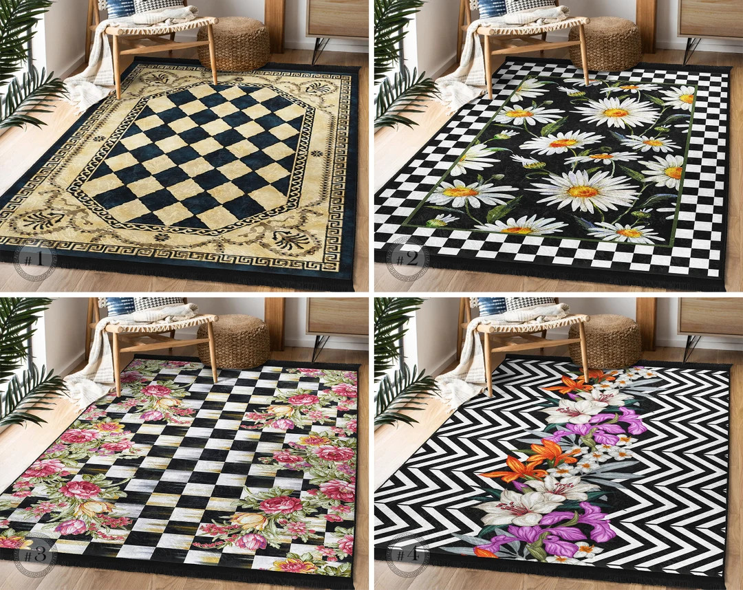Check Area Rug - Black Floral Carpet - Traditional Anti Slip Rug - Daisy Floor Mat - Beige Rug Fo... | Etsy (US)