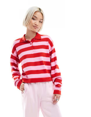 Pimkie long sleeve polo top in red and pink stripe | ASOS (Global)