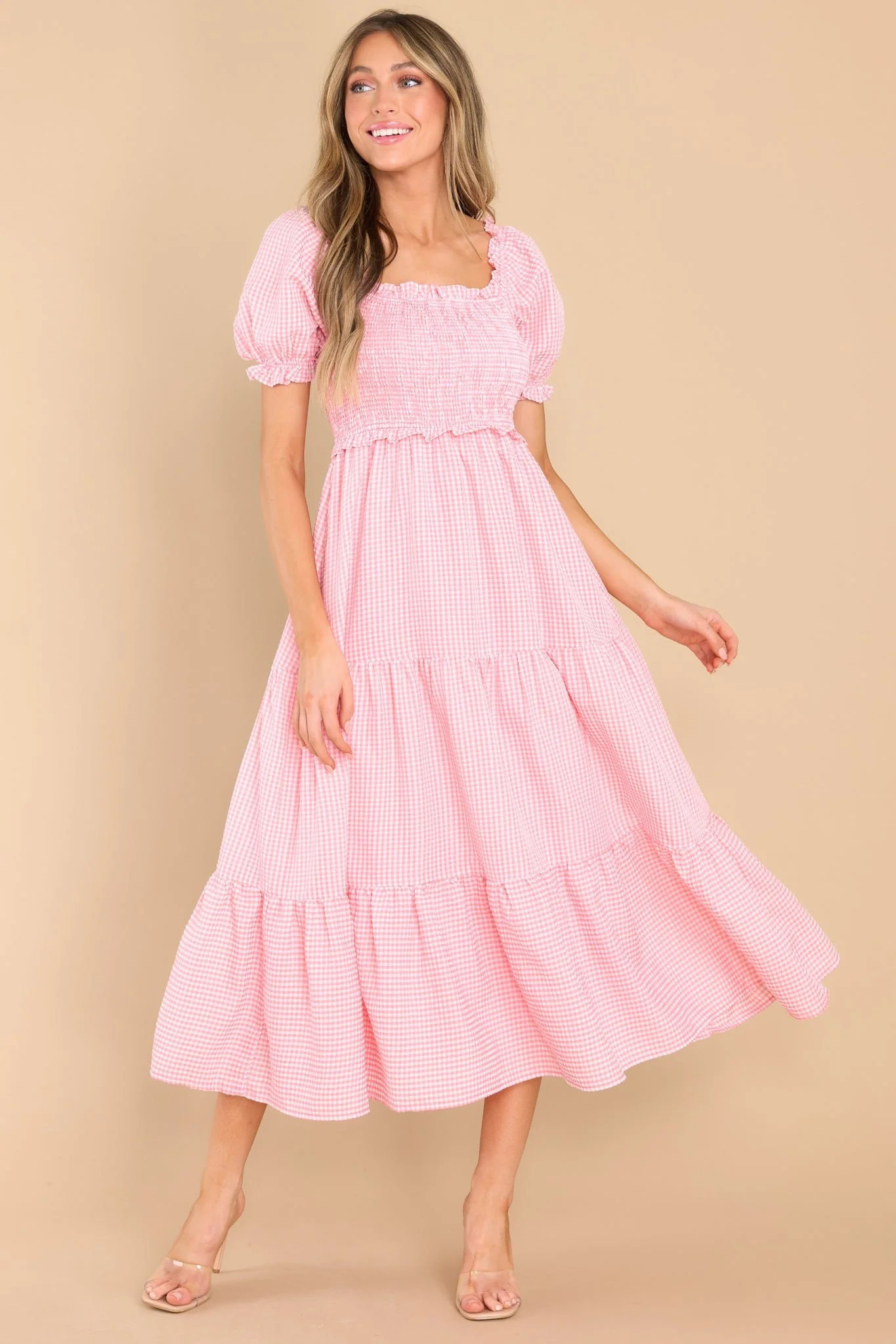 Acts Of Kindness Coral Pink Gingham Midi Dress | Red Dress 