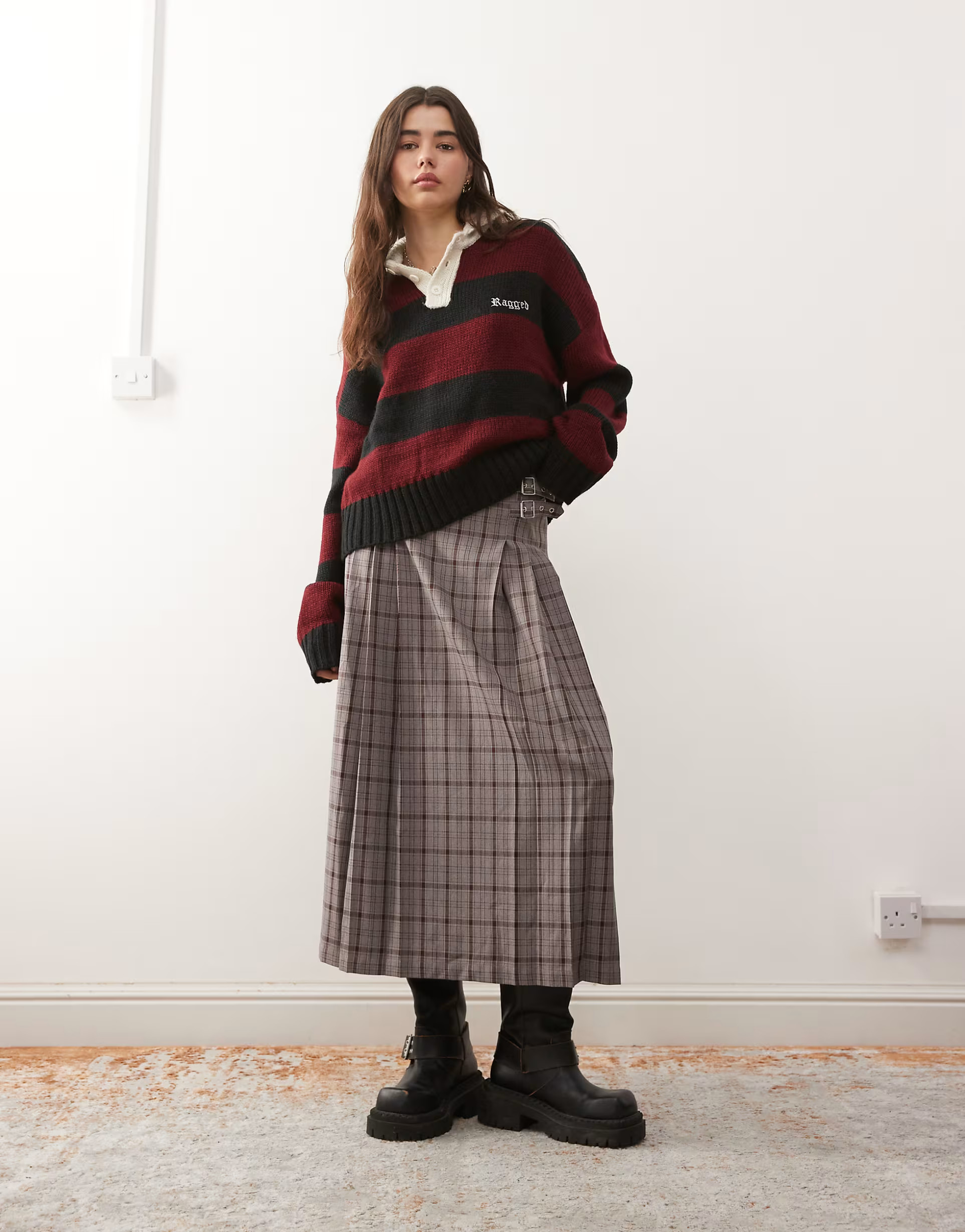 The Ragged Priest buckle kilt wrap maxi skirt in red plaid | ASOS (Global)