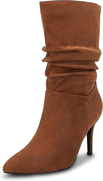 Coutgo Women's Mid Calf Slouchy Boots Suede High Heel Slip-on Stiletto Sexy Pointed Toe Booties | Amazon (US)