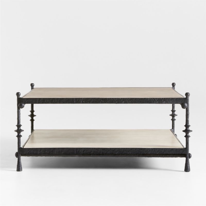 Estate Travertine and Metal 38" Square Coffee Table with Shelf + Reviews | Crate & Barrel | Crate & Barrel