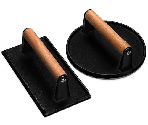 EWFEN Burger Press, 7" Round & 8.2"X4.3" Rectangle Heavy-Duty Cast Iron Smash Bacon Press Meat Steak with Wood Handle for Griddle, Sandwich, Nonstick Pan | Amazon (US)