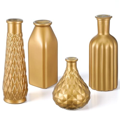 Gold Vase Set of 4: Modern Glass Vases for Centerpieces, Aesthetic Decorative Golden Home Decor for Floral Arrangements, Living Room, Kitchen Table | Amazon (US)
