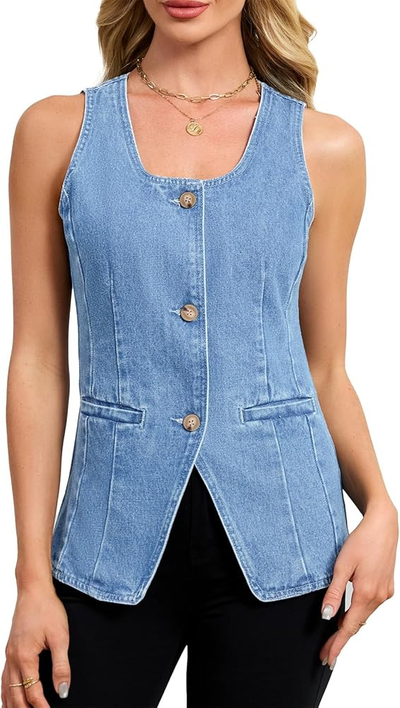 Kedera Denim Vest for Women Button Down Long Jean Waistcoat Casual Scoop Neck Sleeveless Denim Ja... | Amazon (US)
