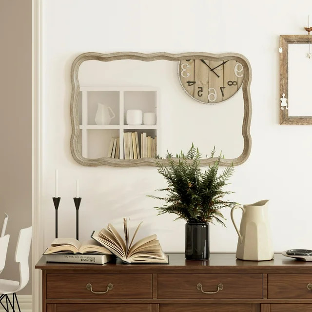 COZAYH Curved Wood Frame Accent Mirror, Farmhouse French Country Decorative Wall Mirror, Rectangl... | Walmart (US)