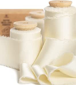 Vitalizart White Silk Satin Ribbon 1-1/2 inch x 15 Yard with Wooden Spool Ivory Handmade Frayed R... | Amazon (US)