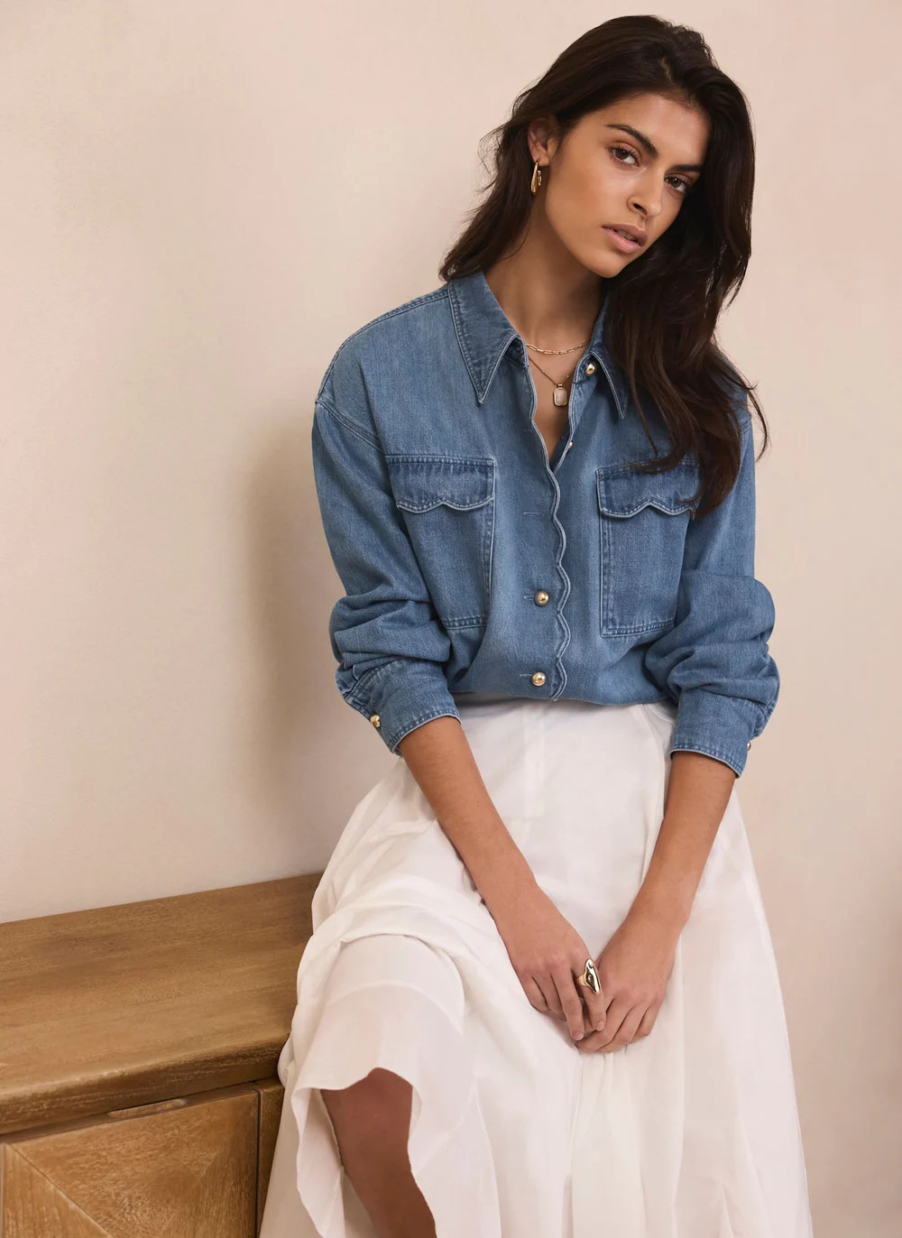 Mid Indigo Denim Scallop Shirt | Mint Velvet