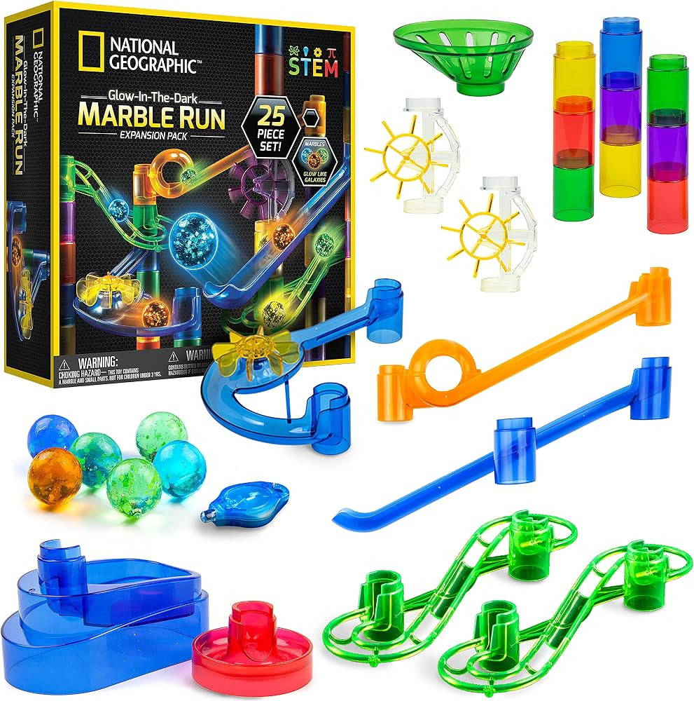 NATIONAL GEOGRAPHIC Glowing Marble Run Expansion Pack - 5 Glow in The Dark Glass Marbles, 20 Cons... | Amazon (US)