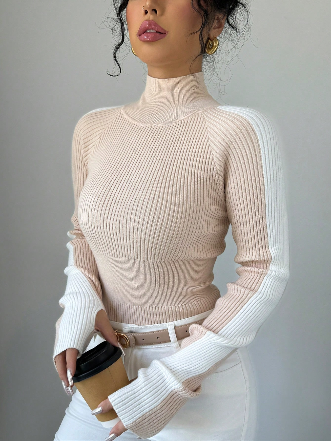 SHEIN Essnce Autumn Winter Casual Colorblock Stand Collar Minimalist Knit Sweater | SHEIN