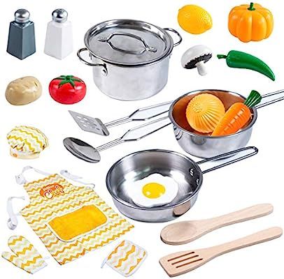 Kitchen Pretend Play Accessories Toys with Stainless Steel Cookware Pots and Pans Set, Cooking Ut... | Amazon (US)