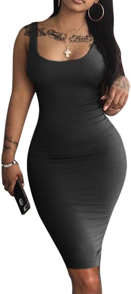 LAGSHIAN Women's Sexy Bodycon Tank Dress Sleeveless Basic Midi Club Dresses | Amazon (US)