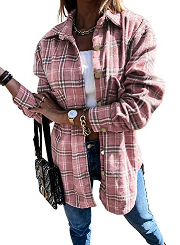 PRETTYGARDEN Women's Fall Clothes Plaid Shacket Jacket Trendy Casual Long Sleeve Button Down Flannel Shirts Fashion Blouse(Plaid Pink,Small) | Amazon (US)