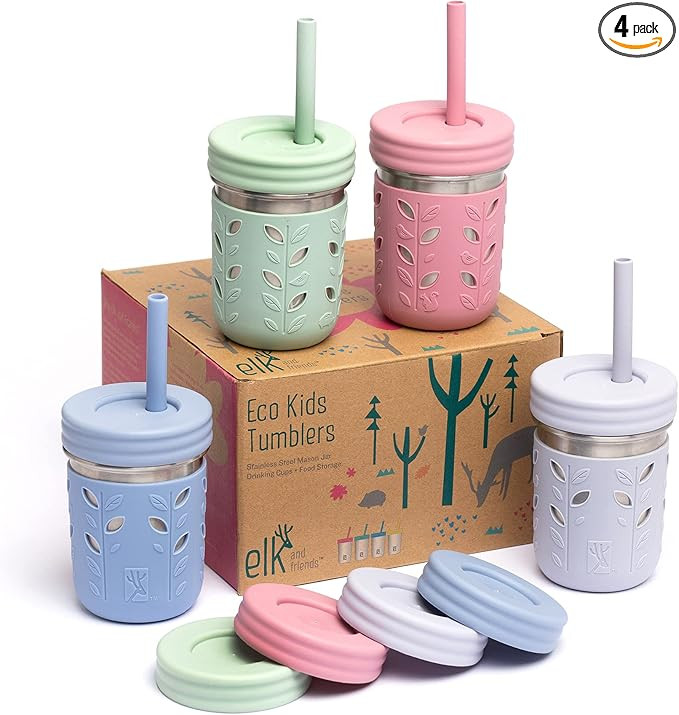 Elk and Friends Stainless Steel Cups | Mason Jar 10oz | Kids & Toddler Cups with Silicone Sleeves... | Amazon (US)