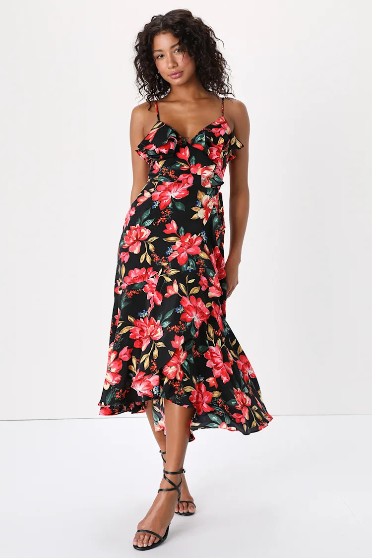 Rich Blooms Black Floral Print Ruffled Wrap Midi Dress | Lulus (US)