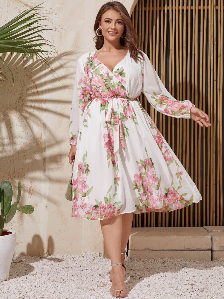 SHEIN Mulvari Plus Floral Print Wrap Belted A-line Dress
       
              
              $18... | SHEIN
