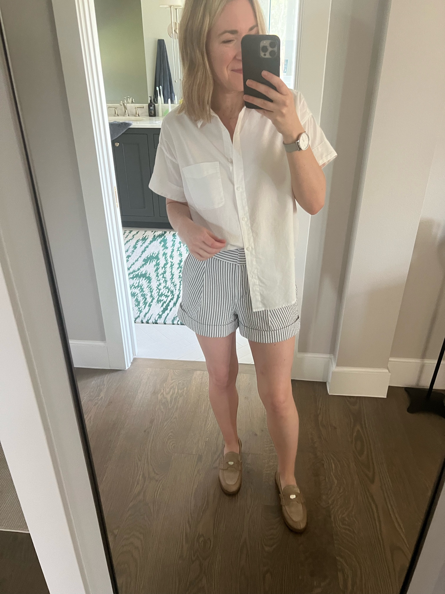 Seersucker is one of my favorite summer fabrics. These are old by VB but thankful they put out a new version this year. And I think paired with a loafer they are super appropriate for a casual day look.

Top so old by  but here’s a similar style. And these loafers are tts. Not cheap but will last for decades!