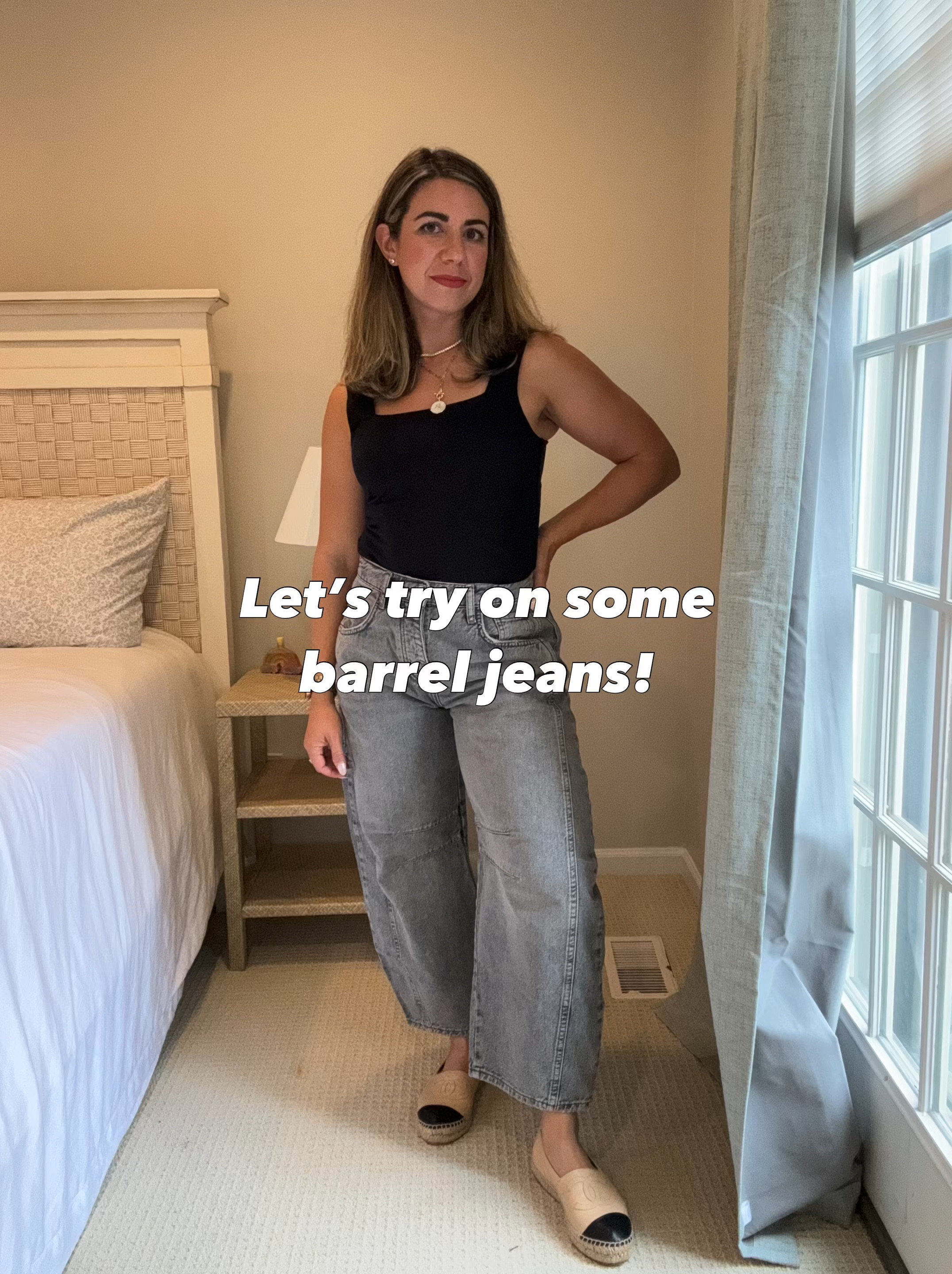 Barrel jeans for under 100
The gray pair is a 26 short
The black pair is a 27 regular 
Bodysuit is a small
Flats are from the real real 

#LTKStyleTip #LTKFindsUnder50