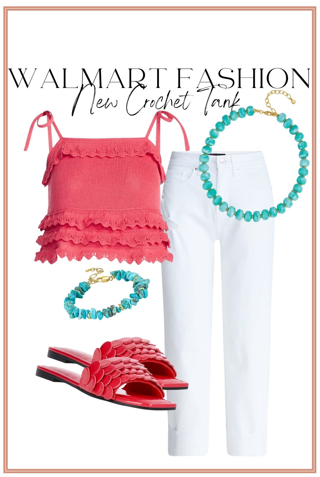 This new Walmart crochet tank is giving major boutique vibes without the boutique price tag! 😍 The layered ruffle details, feminine tie straps, and gorgeous pop of pink make this one of my favorite new arrivals. Paired with crisp white denim, statement turquoise accessories, and the cutest sandals for an effortless summer outfit.

Perfect for vacations, brunch, girls’ nights, concerts, and all your warm-weather plans. Trust me, this one won’t stay in stock long!

#WalmartFashion #WalmartStyle #WalmartFinds #CrochetTop #SummerFashion #AffordableFashion #WhiteJeans #VacationOutfit #BoutiqueStyle #FashionOver30 #MomStyle #SummerOutfits #OOTD #WalmartNewArrivals #BudgetFriendlyFashion

#LTKootd #LTKPetite