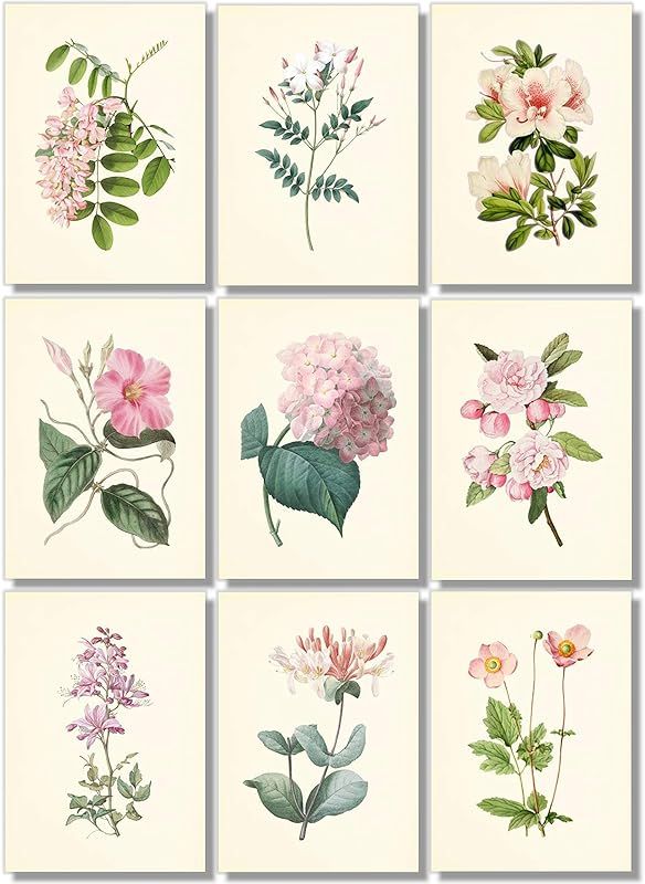 Vintage Pink Flower Art Prints - Botanical Wall Decor - 5x7 - (Set of 9) - Unframed | Amazon (US)