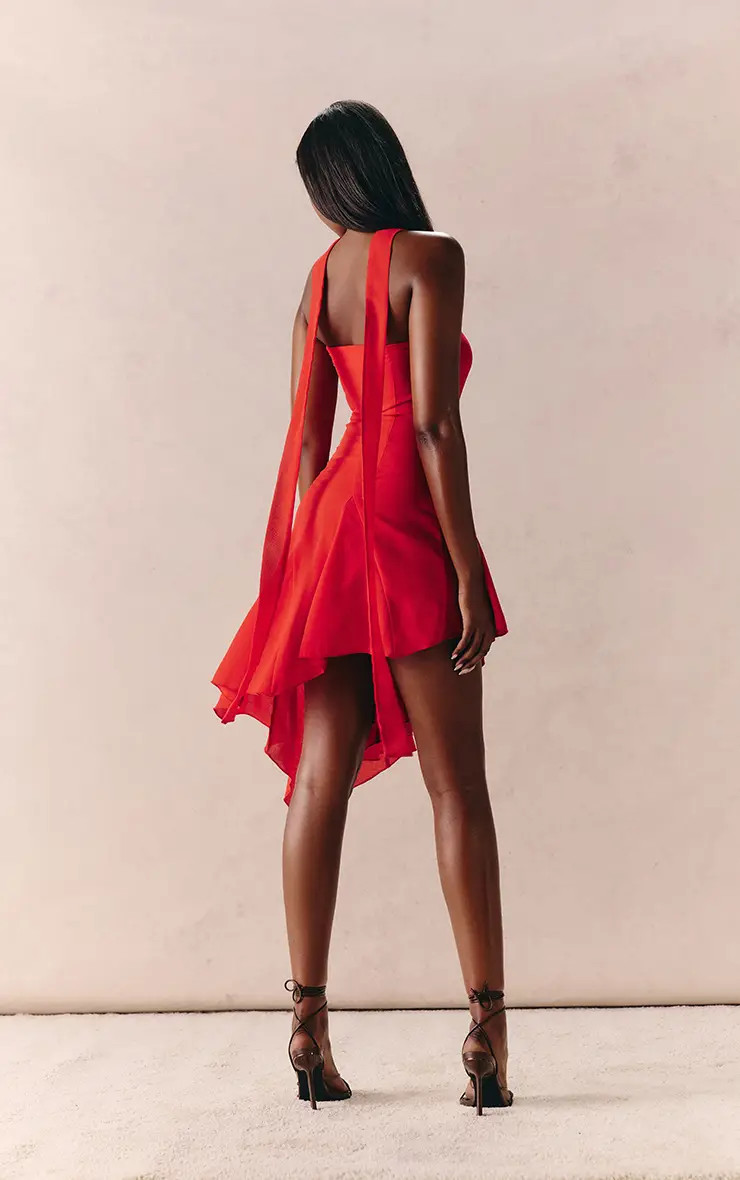 Red Chiffon Godet Neck Detail Asymmetric Mini Dress | PrettyLittleThing | PrettyLittleThing UK