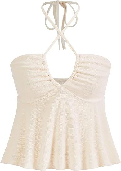 MakeMeChic Women's Solid Sleeveless Cut Out Peplum Blouse Crisscross Tie Backless Halter Crop Top | Amazon (US)