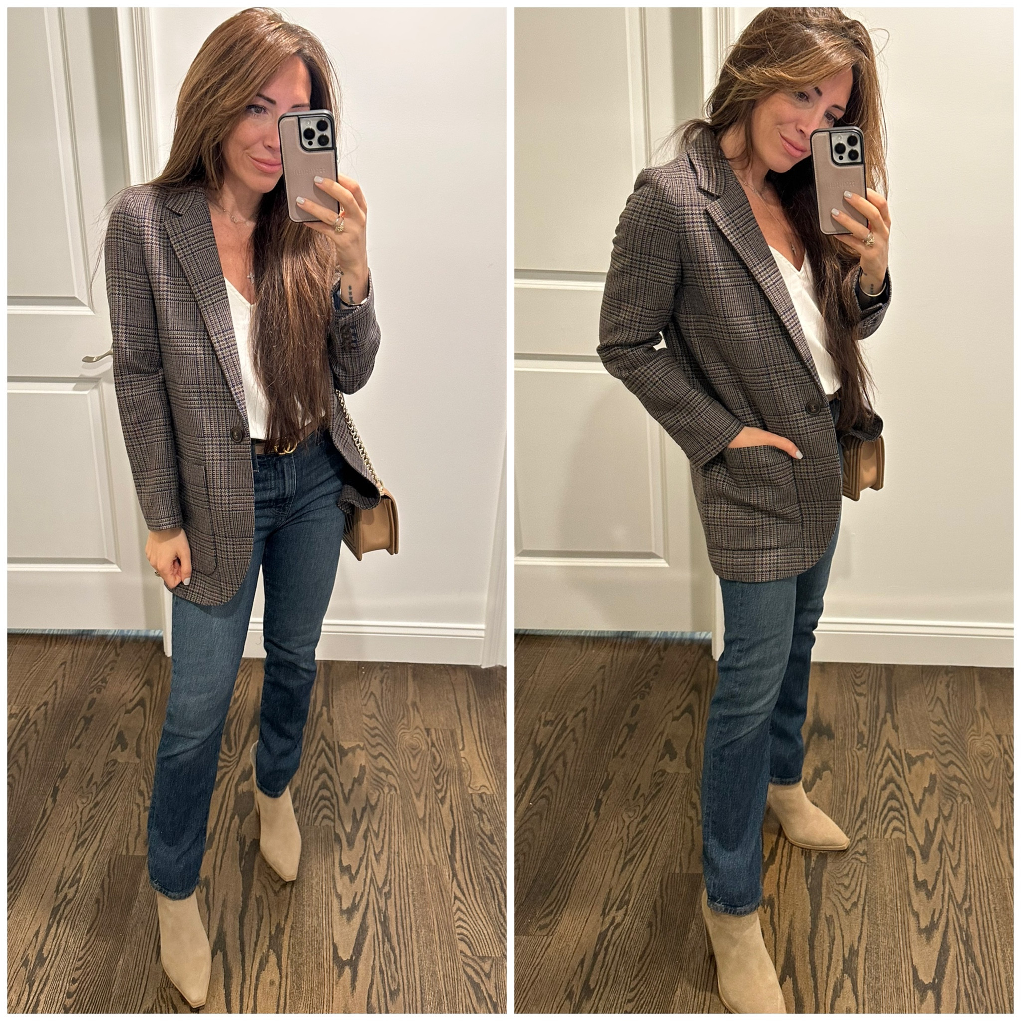 Wearing plaid wool blazer, white cami, madewell perfect vintage jeans, tan Steve Madden booties, Gucci belt, chanel dark beige boy bag. 

#LTKstyletip #LTKFind #LTKSeasonal