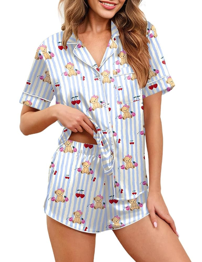 Ekouaer Womens Silk Satin Pajamas Set Short Sleeve Sleepwear Button Down Loungewear 2 Piece Pjs S... | Amazon (US)