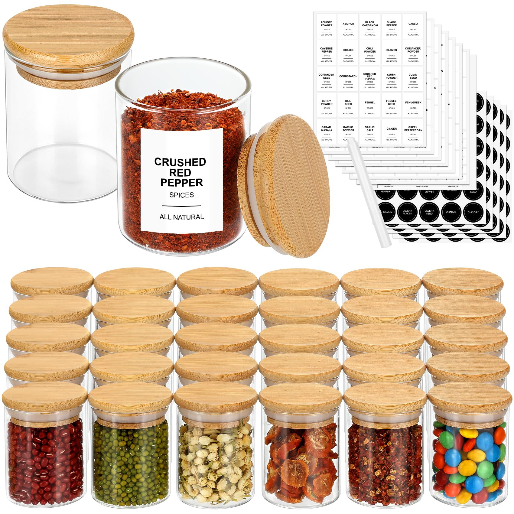 4OZ Glass Spice Jars with Bamboo Lids and 315 Labels, 24 Pcs Clear Food Storage Containers for Ki... | Amazon (US)