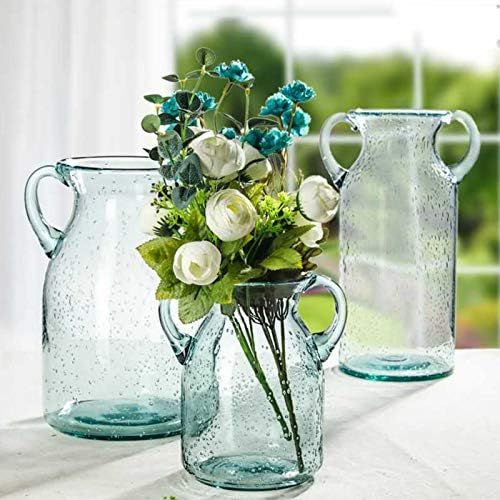 QUECAOCF Elegant Flower Glass Vase with Handle, Handmade Double Ear Air Bubbles Glass Vase for Cente | Amazon (US)