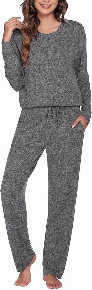Ekouaer Pajama Set Women's Long Sleeve Sleepwear Crew Neck Cozy Loungewear Soft Pjs Set with Pockets | Amazon (US)