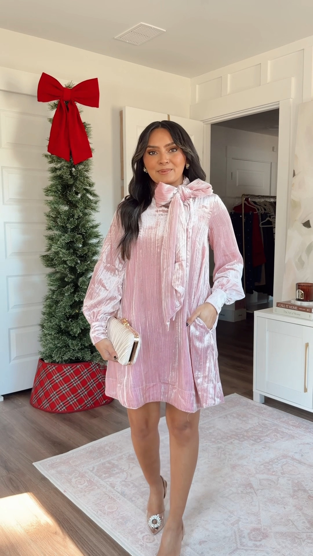 Pink velvet tie neck mini dress size xxs regular TTS
Rhinestone heels - old, similar linked

#LTKHoliday #LTKCyberWeek #LTKPetite