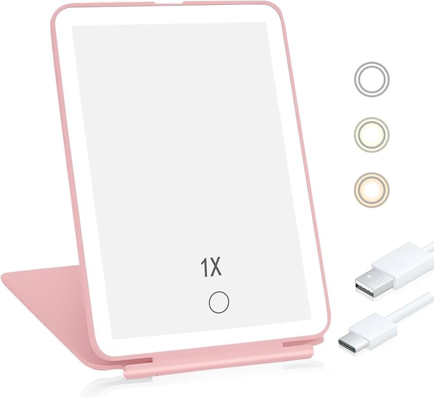 Travel Mirror for Makeup, Rechargeable Light up Pink Mirror with 72 LED Lights,1000mAh Batteries,... | Amazon (US)