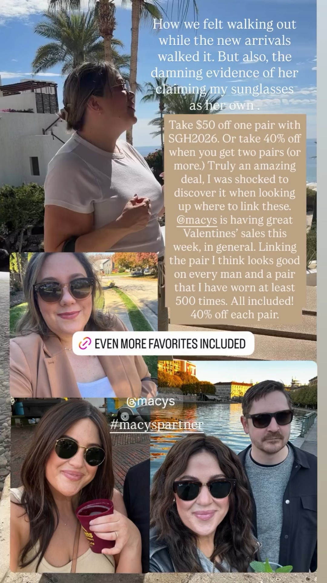 #macyspartner Take $50 off one pair with SGH2026. Or take 40% off when you get two pairs (or more.) Truly an amazing deal, I was shocked to discover it when looking up where to link these. @macys is having great Valentines’ sales this week, in general. Linking the pair I think looks good on every man and a pair that I have worn at least 500 times. All included! 40% off each pair.  How we felt walking out while the new arrivals walked it. But also, the damning evidence of her claiming my sunglasses as her own .

#LTKSaleAlert #LTKNYFW #LTKSeasonal