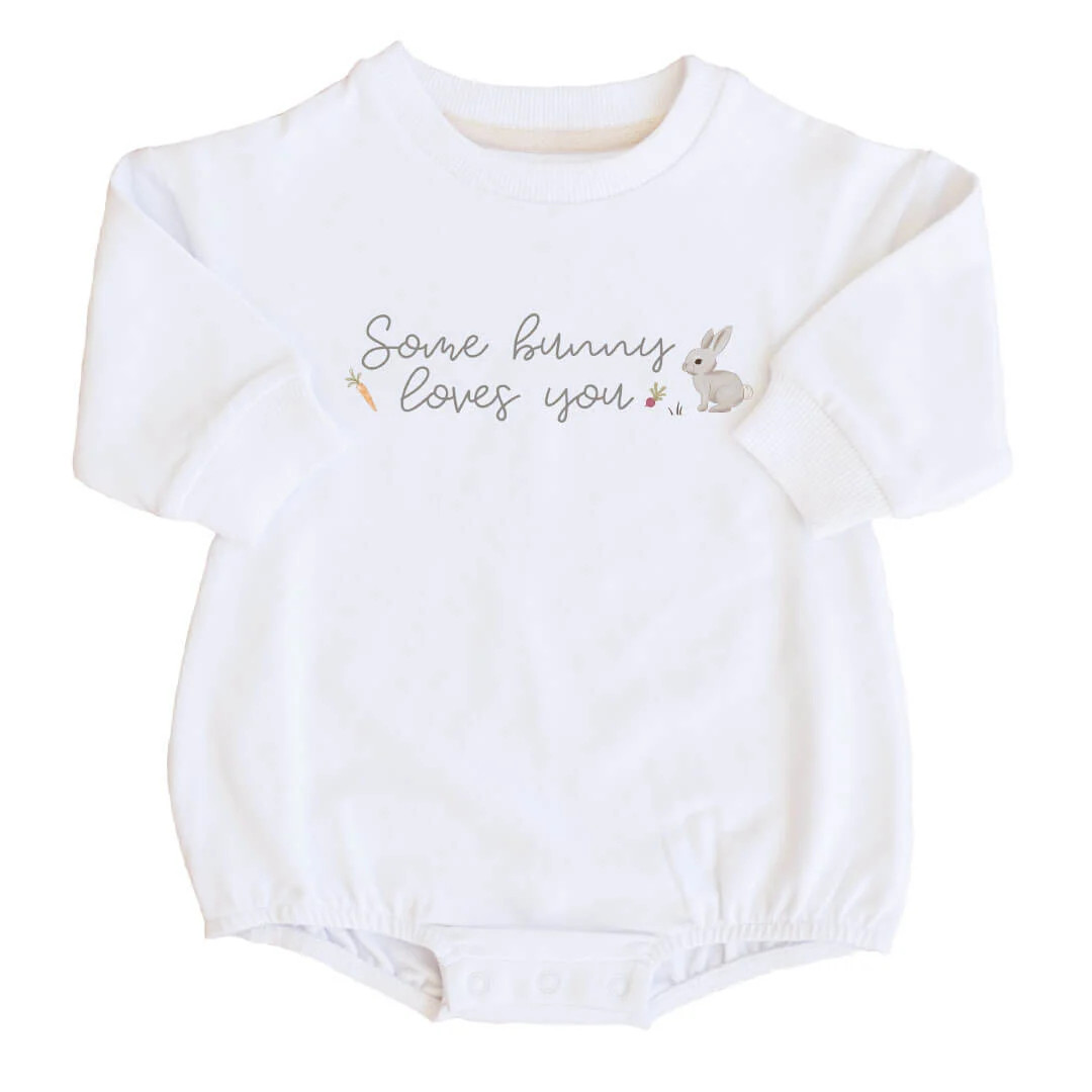 Some Bunny Loves You Sweatshirt Bubble Romper | White | Caden Lane