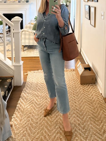 Denim on denim.  Linking the jeans & heels.  The shoes are easy to wear kitten heels that go with everything.  The bag is from Garnet Hill - I linked similar.  #denim #neutral 

#LTKover40 #LTKshoecrush #LTKstyletip