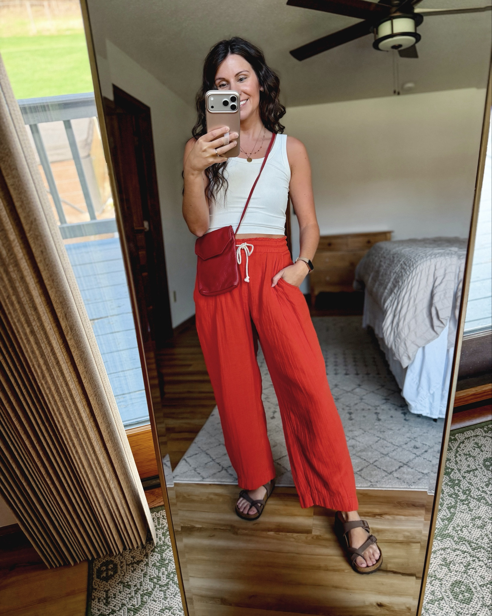 Gauze cotton red pants 5 ways♥️

Red pants are size xs petite, Birkenstock mayari sandals are size 36. 

Outfit 1: small in the white cropped tank. Red leather purse is thrifted—linked similar.
Outfit 2: brown eyelet top is size small.
Outfit 3: cream rank is size small. Selling out so also linked similar. My green scarf is so fun. My tote bag is sold out in this green color so also linked similar. 
Outfit 4: size small in the white eyelet top.
Outfit 5: size small in white cropped tank. The floral flag hat is adorable!♥️

#LTKootd #LTKPetite #LTKgrwm