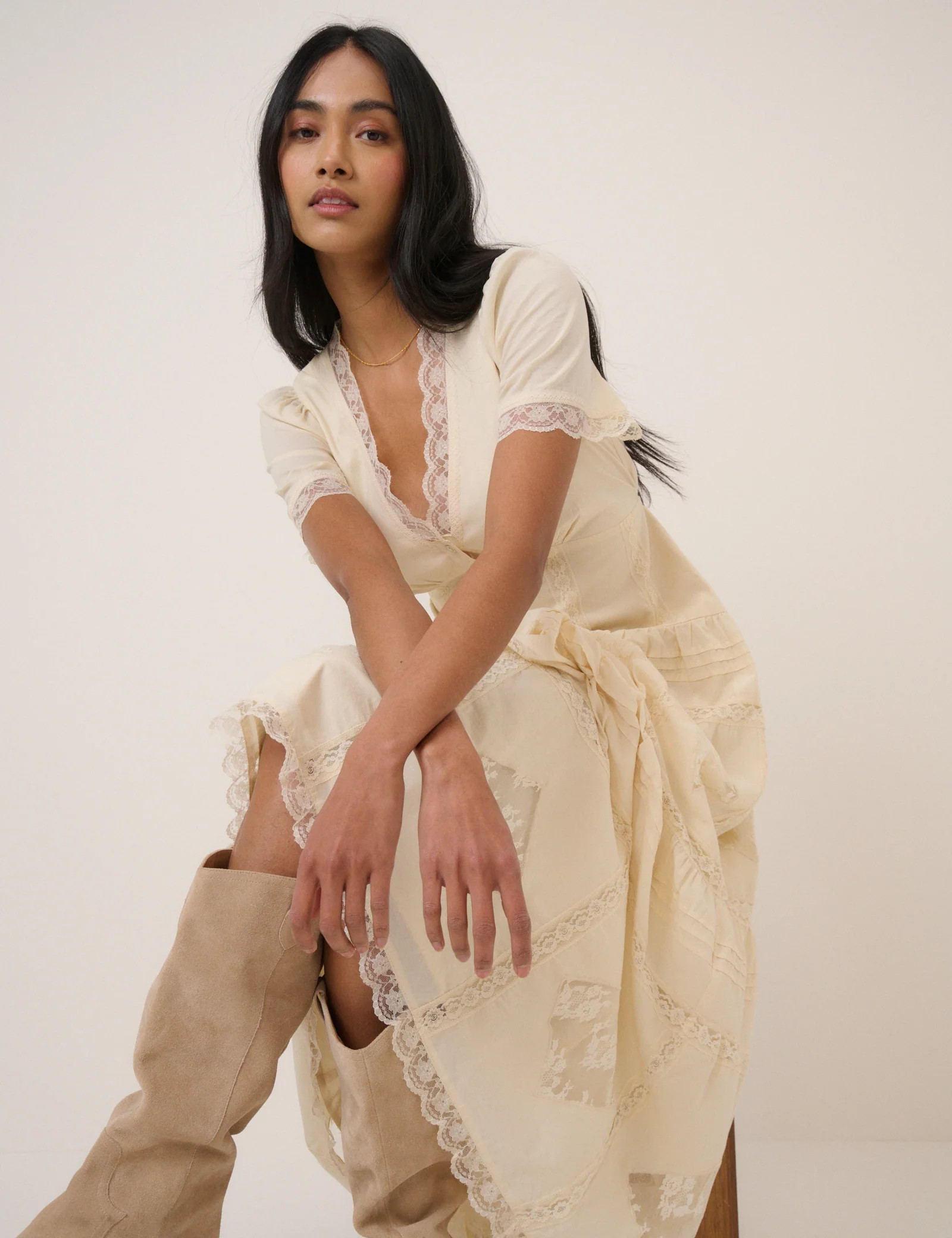 Cream Lace Trim Jasmine Midi Dress | Nobody's Child