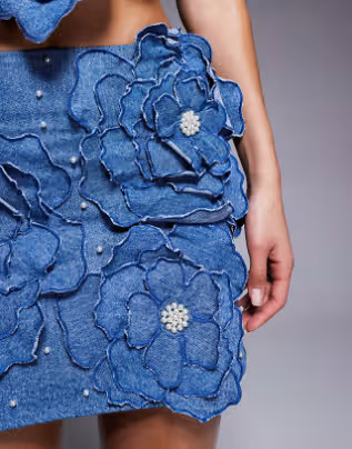 ASOS LUXE denim mini skirt with 3D floral details in dark wash blue - part of a set | ASOS (Global)