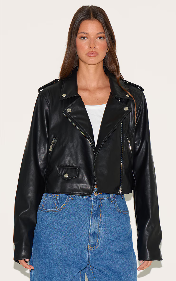 Black Basic Faux Leather Pocket Detail Biker Jacket | PrettyLittleThing US