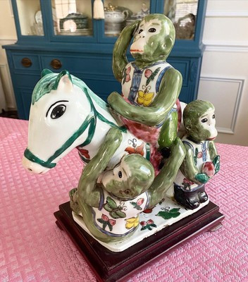 Vintage Chinese Three Monkeys on a Horse Figurine Statue Chinoiserie | eBay AU