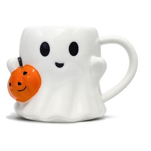 12 oz Halloween Ghost Coffee Mug, Cute Ceramic Boo Mug with Pumpkin with Handle by Smiling Ghost, White Ghost-Shaped Tea Mug for Fall, Spooky Season, Office, and Home Decorations | Amazon (US)