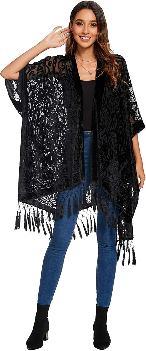 MJ SERECA Women's Burnout Velvet Kimono Long Cardigan Cover Up with Tassel | Amazon (US)